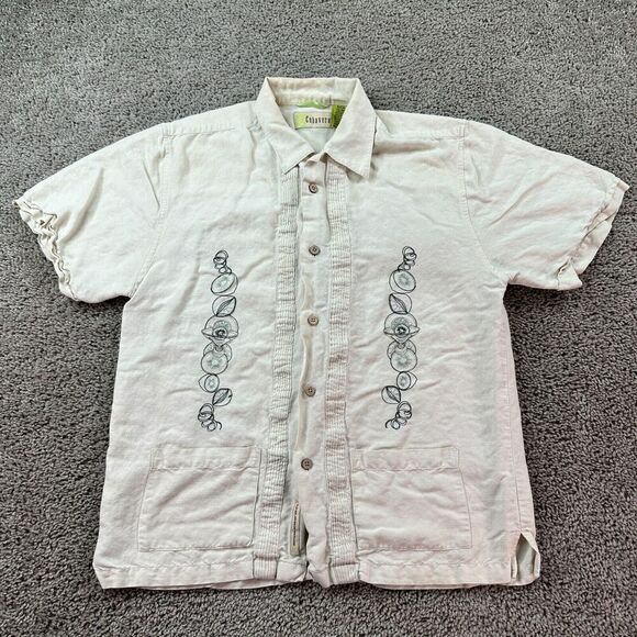 Cubavera Guayabera Shirt Mens S Beige Linen Blend Cocktail Embroidered FLAW - Picture 1 of 12